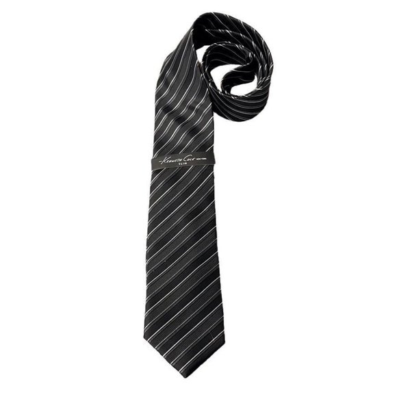 Kenneth Cole New York Necktie Slim Black Striped Repp Silk Men's - Picture 1 of 3